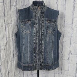 Multiples Denim Zip Front Crochet Back Western Boho‎ Vest Large
